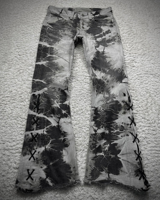 Tornado Mart Ash Marble Washed Raw Hem Lace Up Flared Jeans