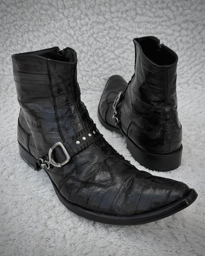 Italian Scar Stitched Belted Textured Pointed Leather Boots