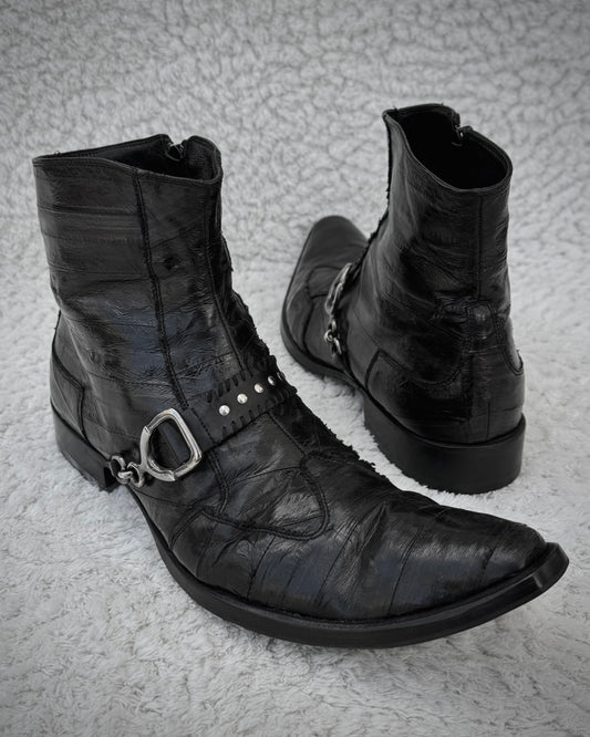 Italian Scar Stitched Belted Textured Pointed Leather Boots