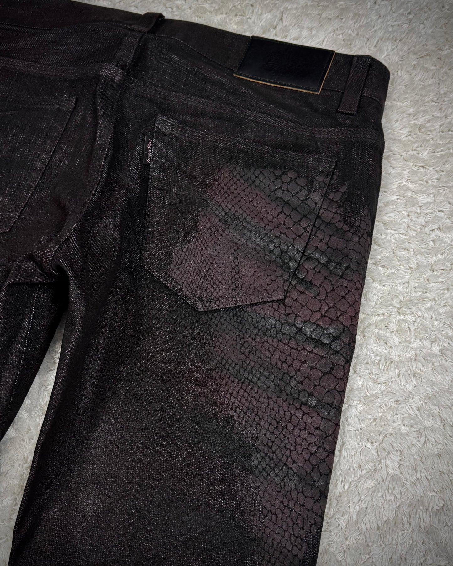 Tornado Mart 3D Python Coated Whisker Waxed Flared Jeans