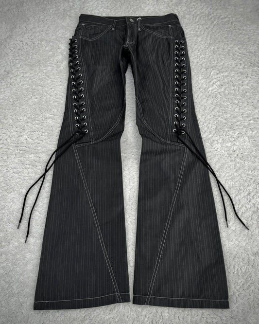 Semantic Design Pin Striped Lace Up Spiral Bootcut Dress Pants
