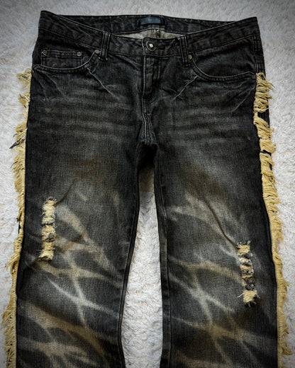 Black Baccara Fringed Zebra Washed Flared Jeans