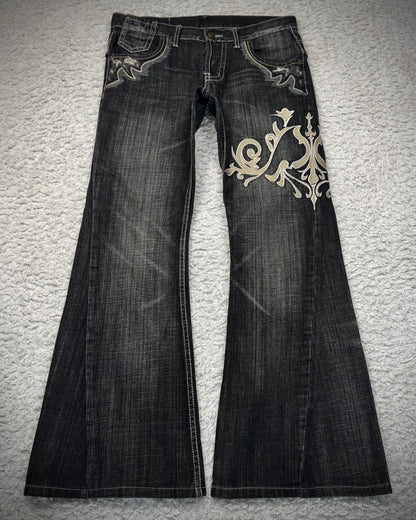Tornado Mart Tribal Embroidery Spiral Flared Jeans