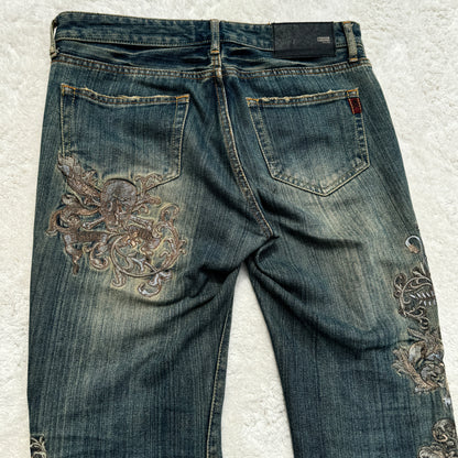 Mud Washed Embroidery Flared Jeans