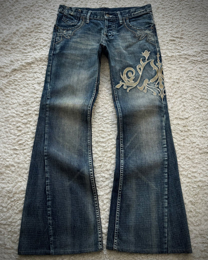 Tornado Mart Tribal Embroidery Spiral Flared Jeans