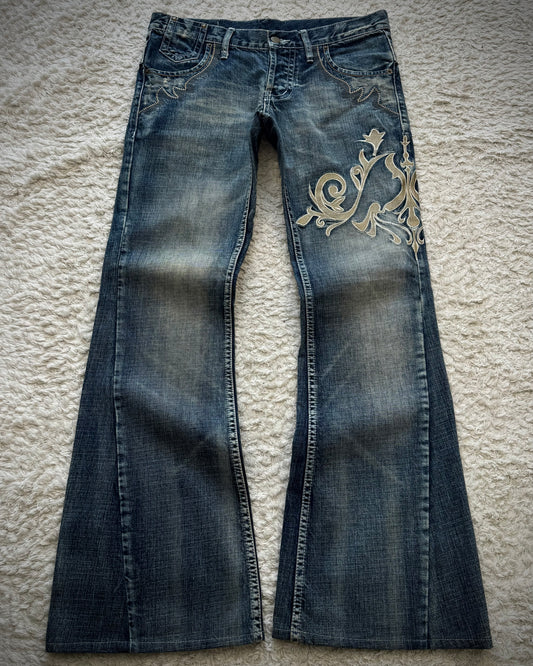 Tornado Mart Tribal Embroidery Spiral Flared Jeans
