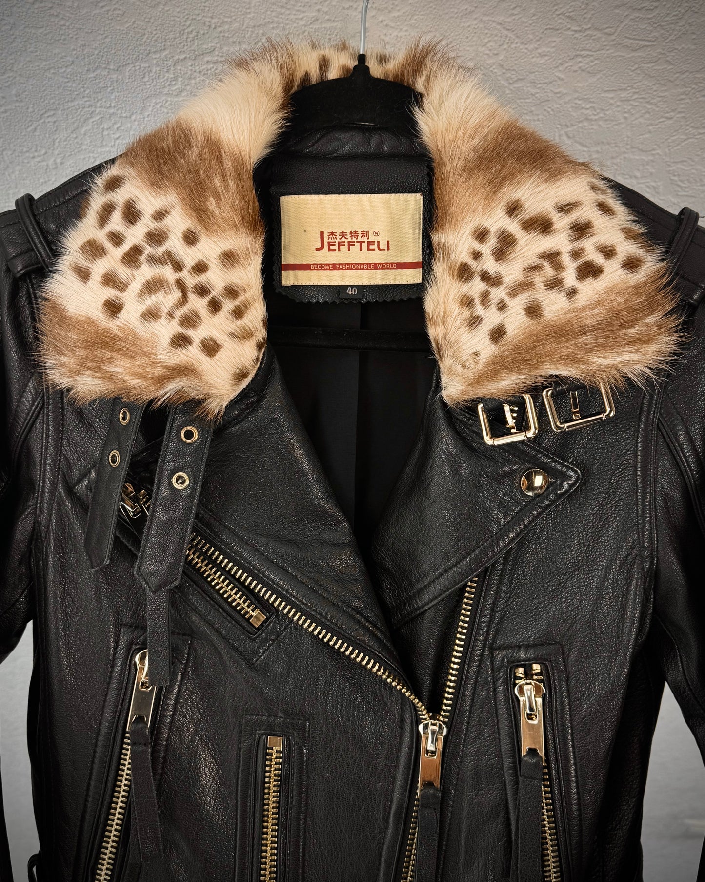 Jeffteli Leopard Fur Collar Leather Biker Jacket