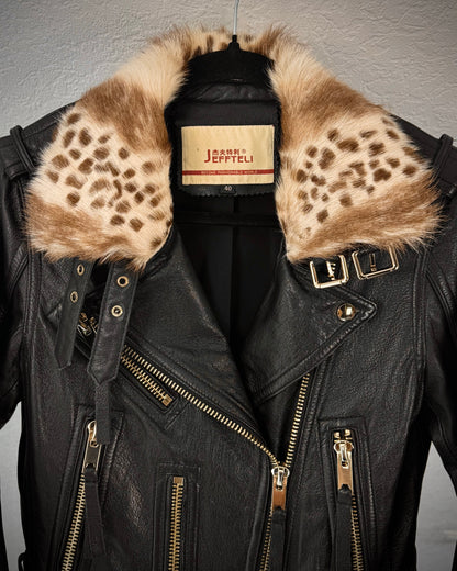 Jeffteli Leopard Fur Collar Leather Biker Jacket