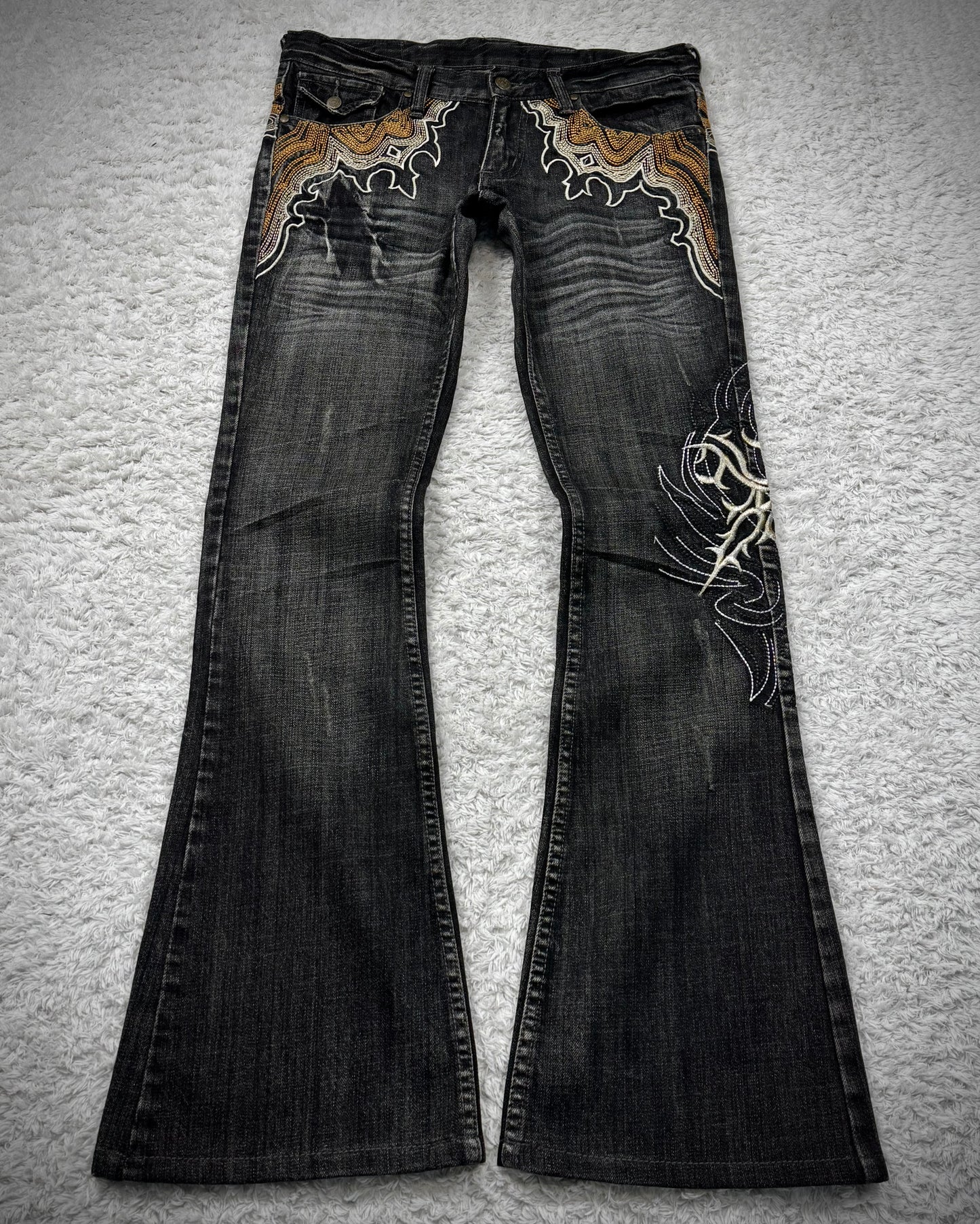 Tornado Mart Cyber Tribal Embroidery Flared Jeans