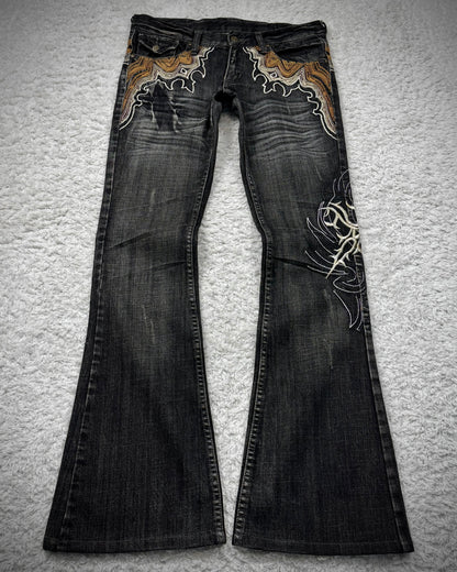 Tornado Mart Cyber Tribal Embroidery Flared Jeans