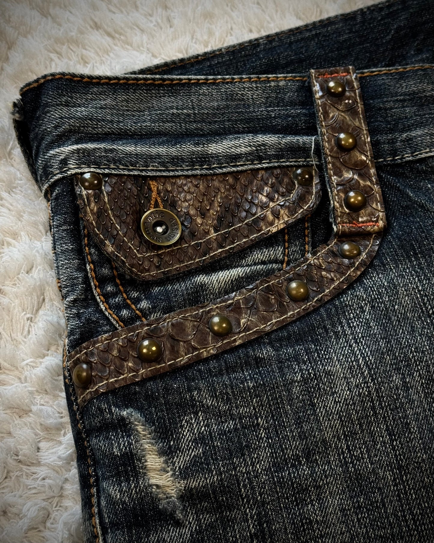 Semantic Design Python Detailed Lace Up Pocket Spiral Flared Jeans