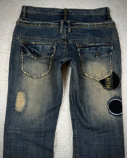 Midas Double Waisted Lace Up Mud Washed Patched Flared Jeans