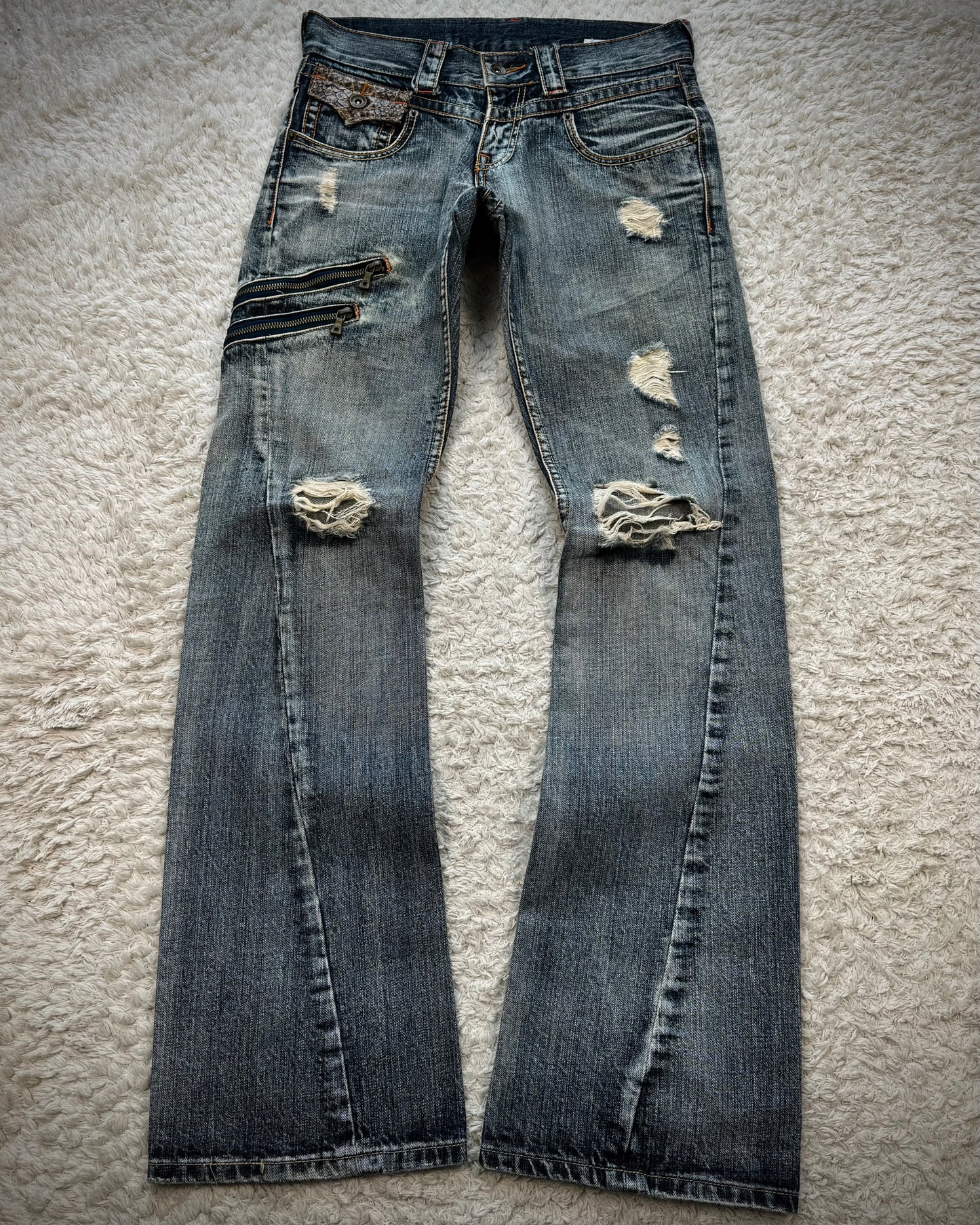 Semantic Design Python Pocket Detailed Spiral Flared Jeans