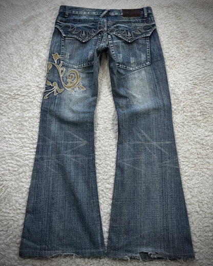 Tornado Mart Tribal Embroidery Spiral Flared Jeans