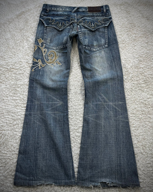 Tornado Mart Tribal Embroidery Spiral Flared Jeans