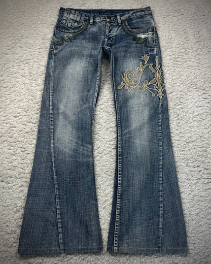 Tornado Mart Tribal Embroidery Spiral Flared Jeans