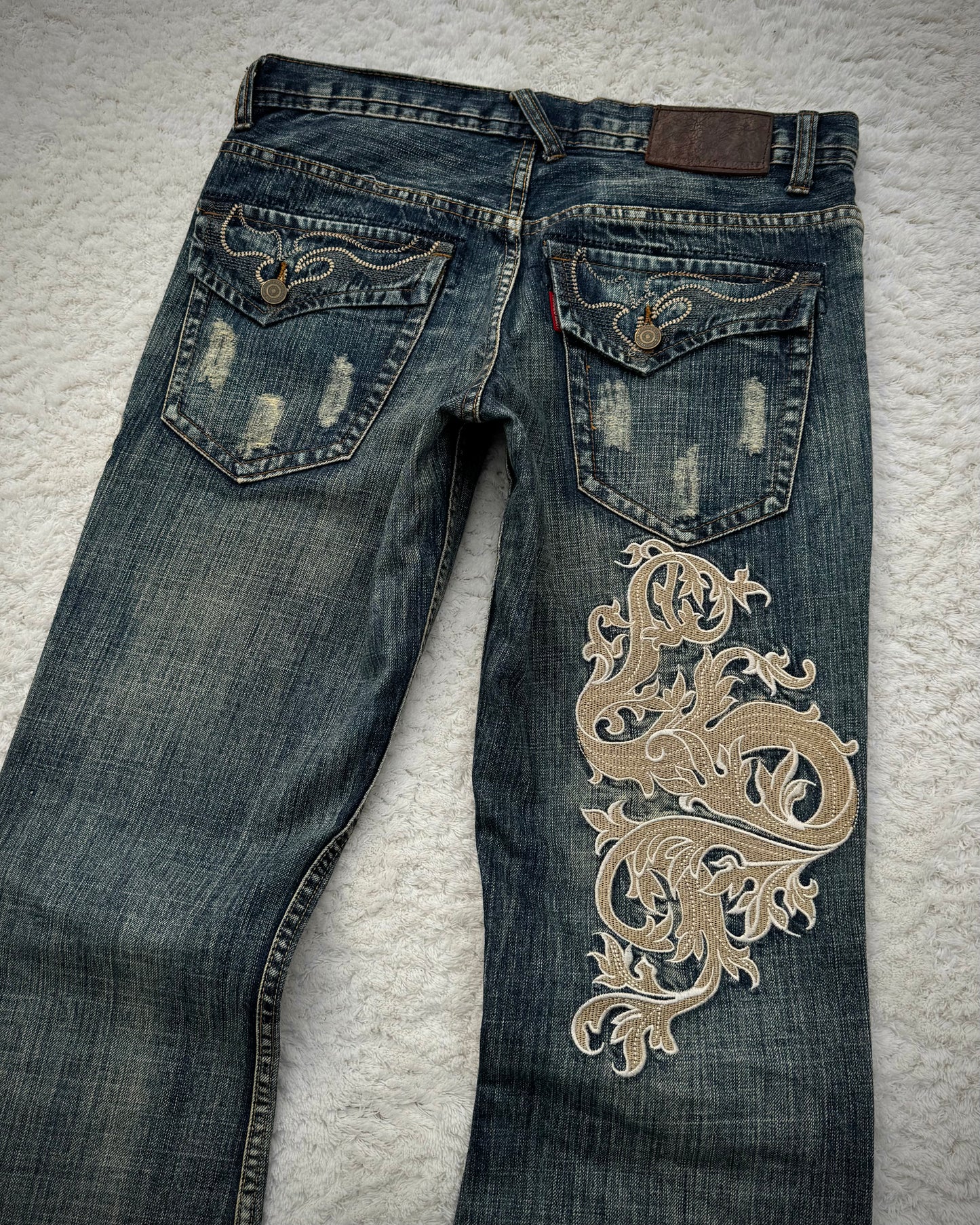Tornado Mart Mud Wash Tribal Embroidery Flared Jeans