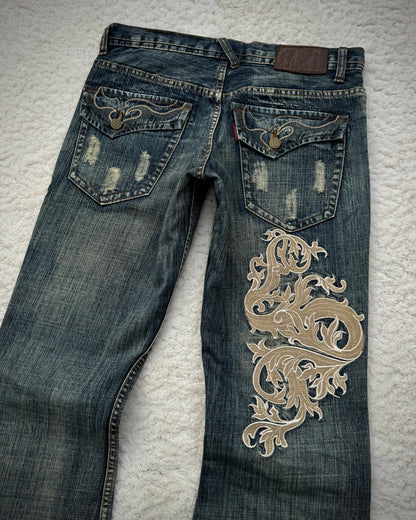 Tornado Mart Mud Wash Tribal Embroidery Flared Jeans