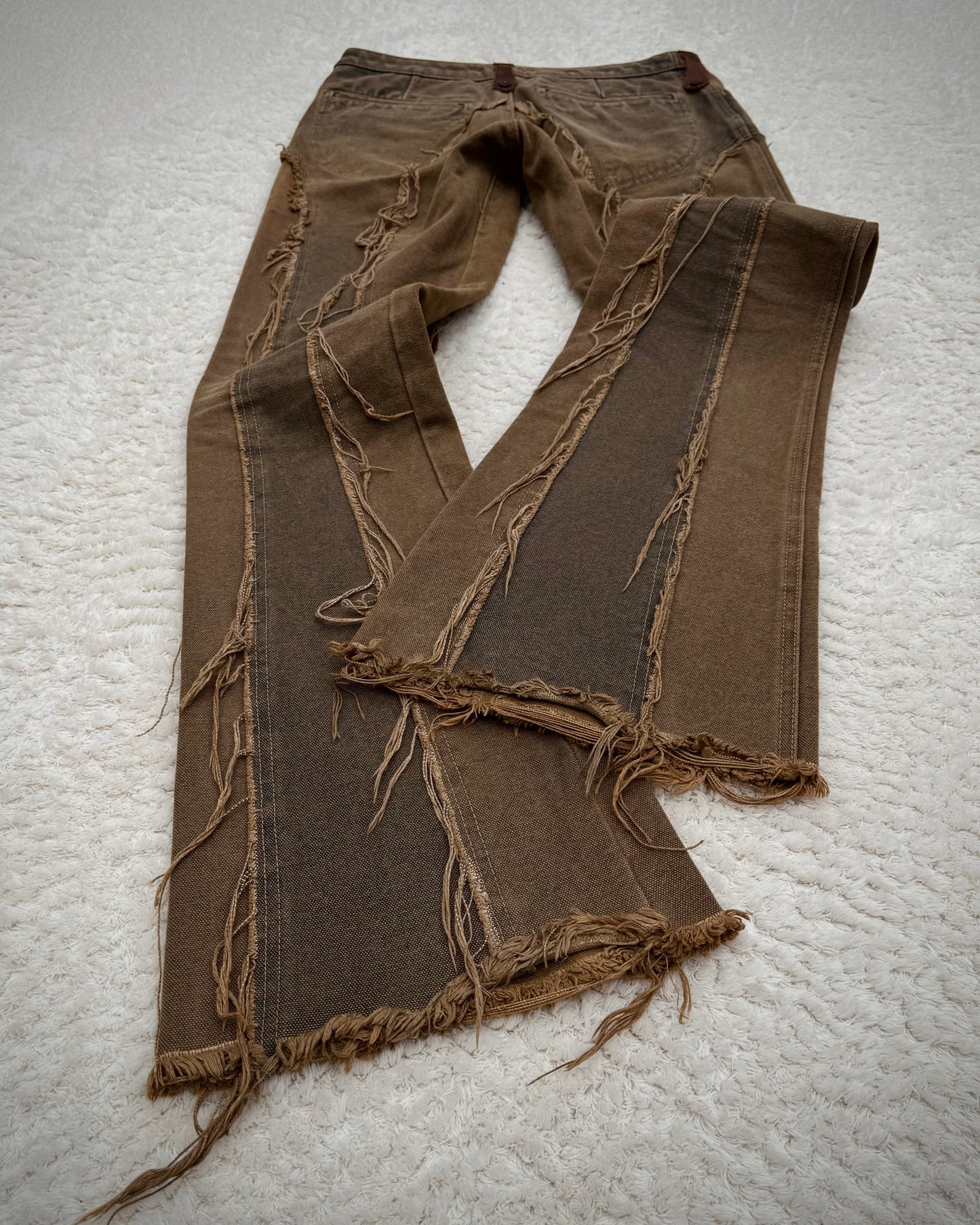 Obelisk Fringed Mud Washed Lace Up Flared Jeans