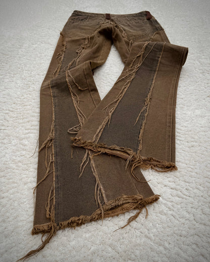 Obelisk Fringed Mud Washed Lace Up Flared Jeans