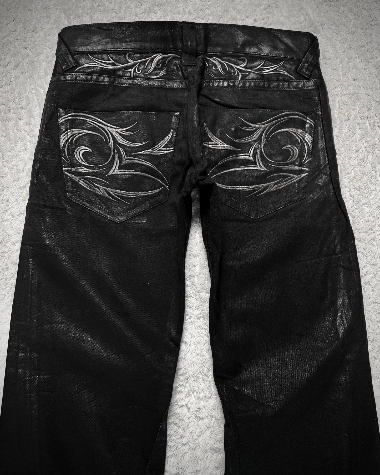 Tornado Mart Xray Waxed Tribal Embroidery Flared Jeans
