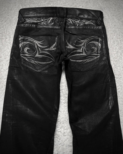 Tornado Mart Xray Waxed Tribal Embroidery Flared Jeans