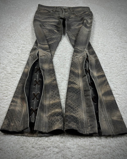 Tornado Mart Python Waxed Lace Up Flared Jeans