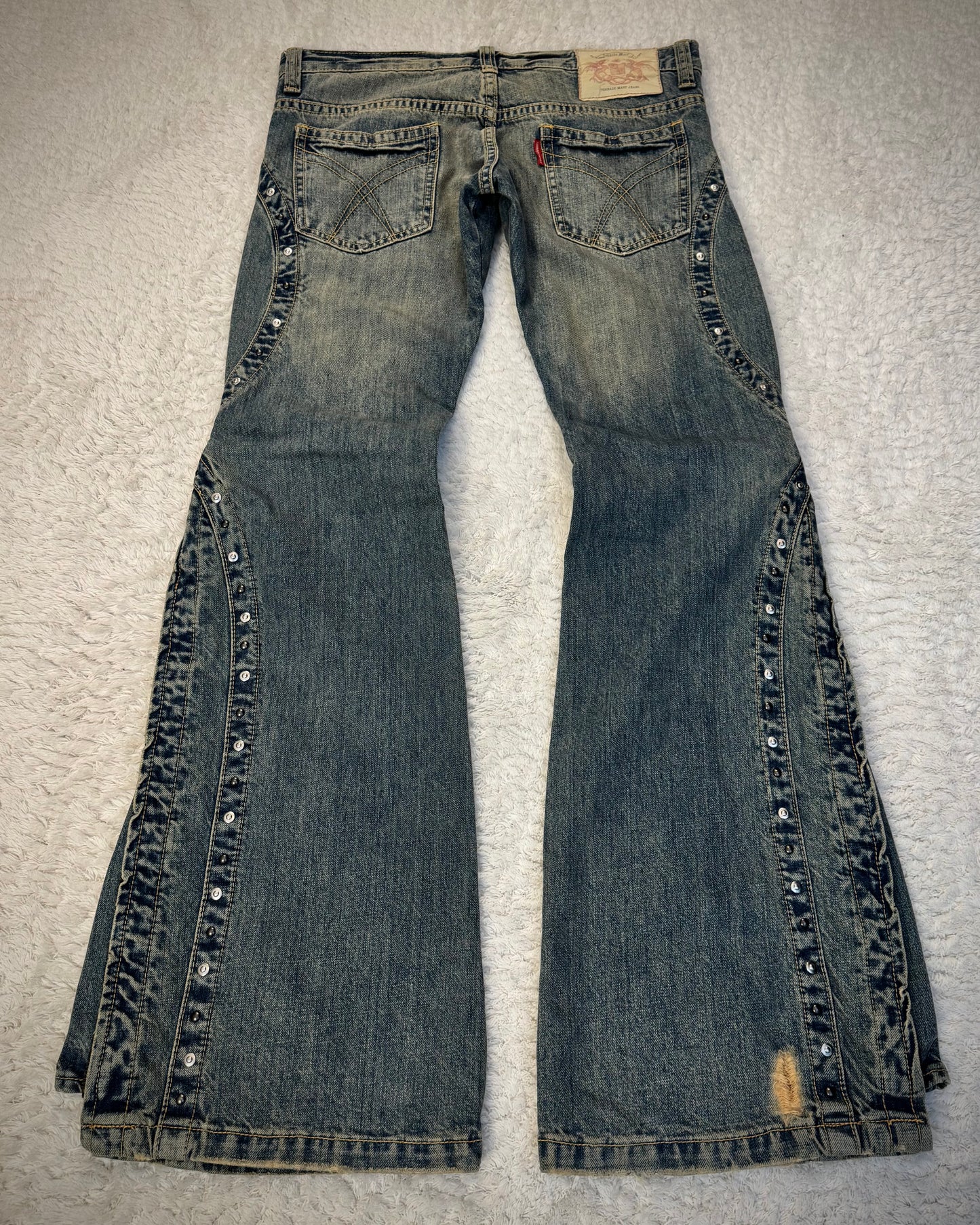 Tornado Mart Studded Mud Washed Zipper Flared Jeans