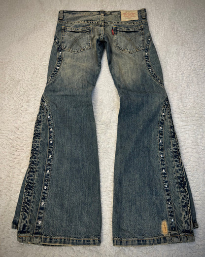 Tornado Mart Studded Mud Washed Zipper Flared Jeans