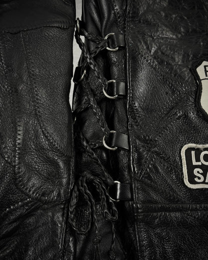 Diamond Plate Lace Up Buffalo Leather Patchwork Biker Jacket