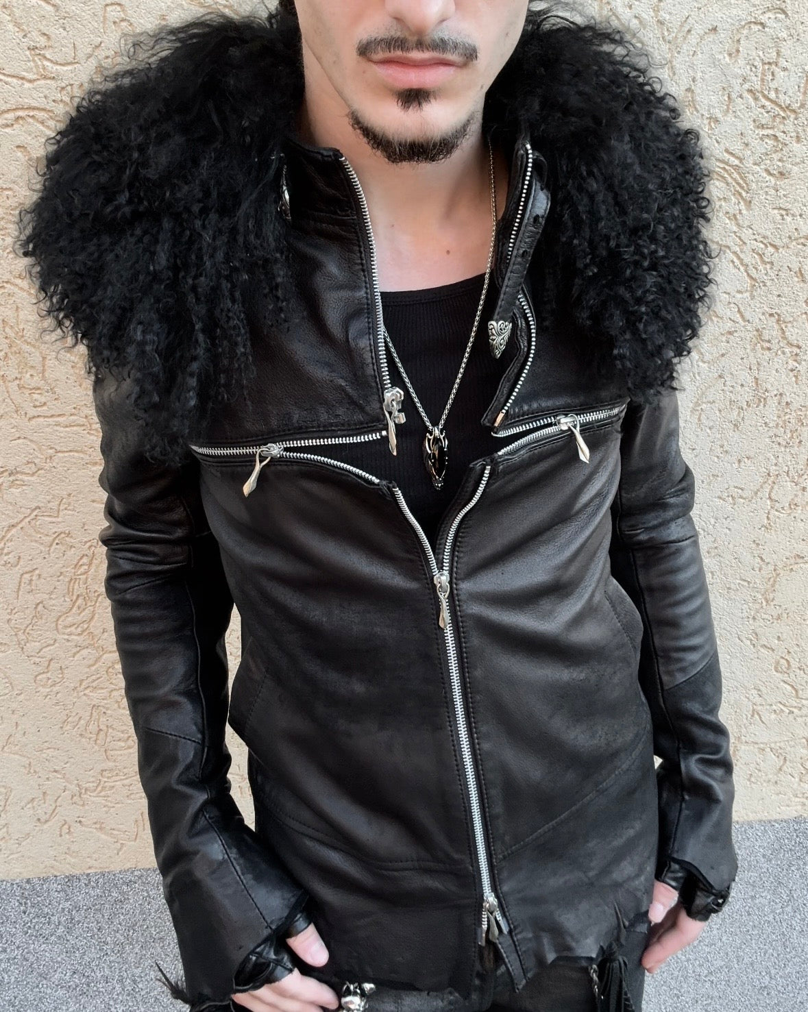 14th Addiction Mouton Fur Cross Zip Leather Jacket