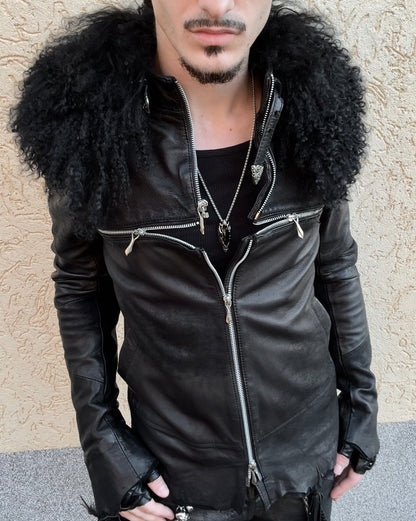 14th Addiction Mouton Fur Cross Zip Leather Jacket