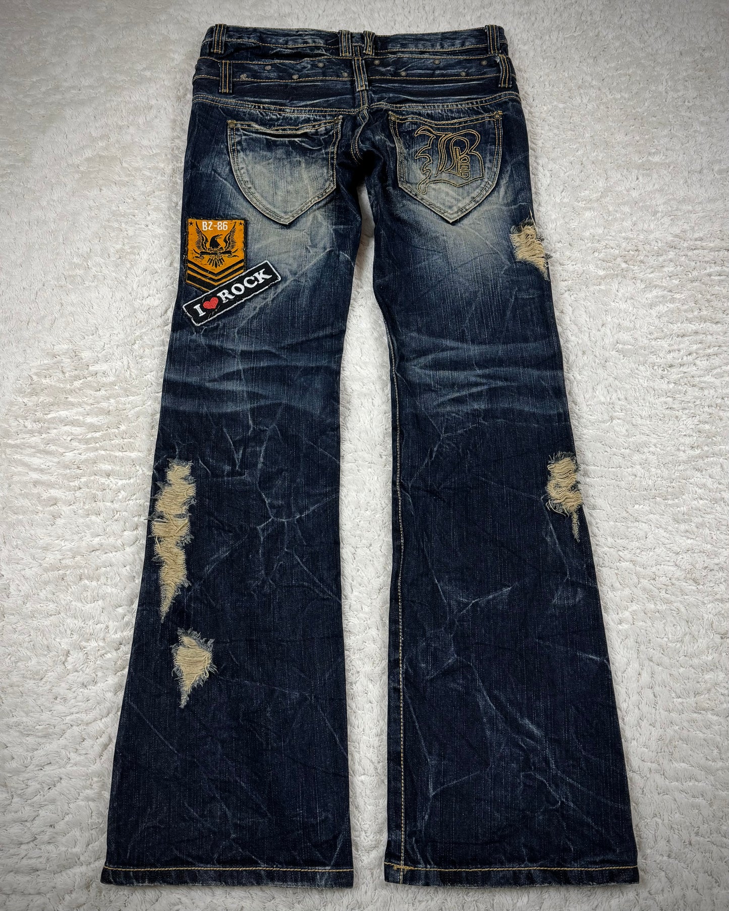 Buzz Spunky Double Waisted Lace Up Studded Patched Bootcut Denim