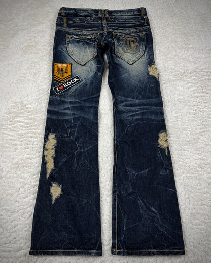 Buzz Spunky Double Waisted Lace Up Studded Patched Bootcut Denim