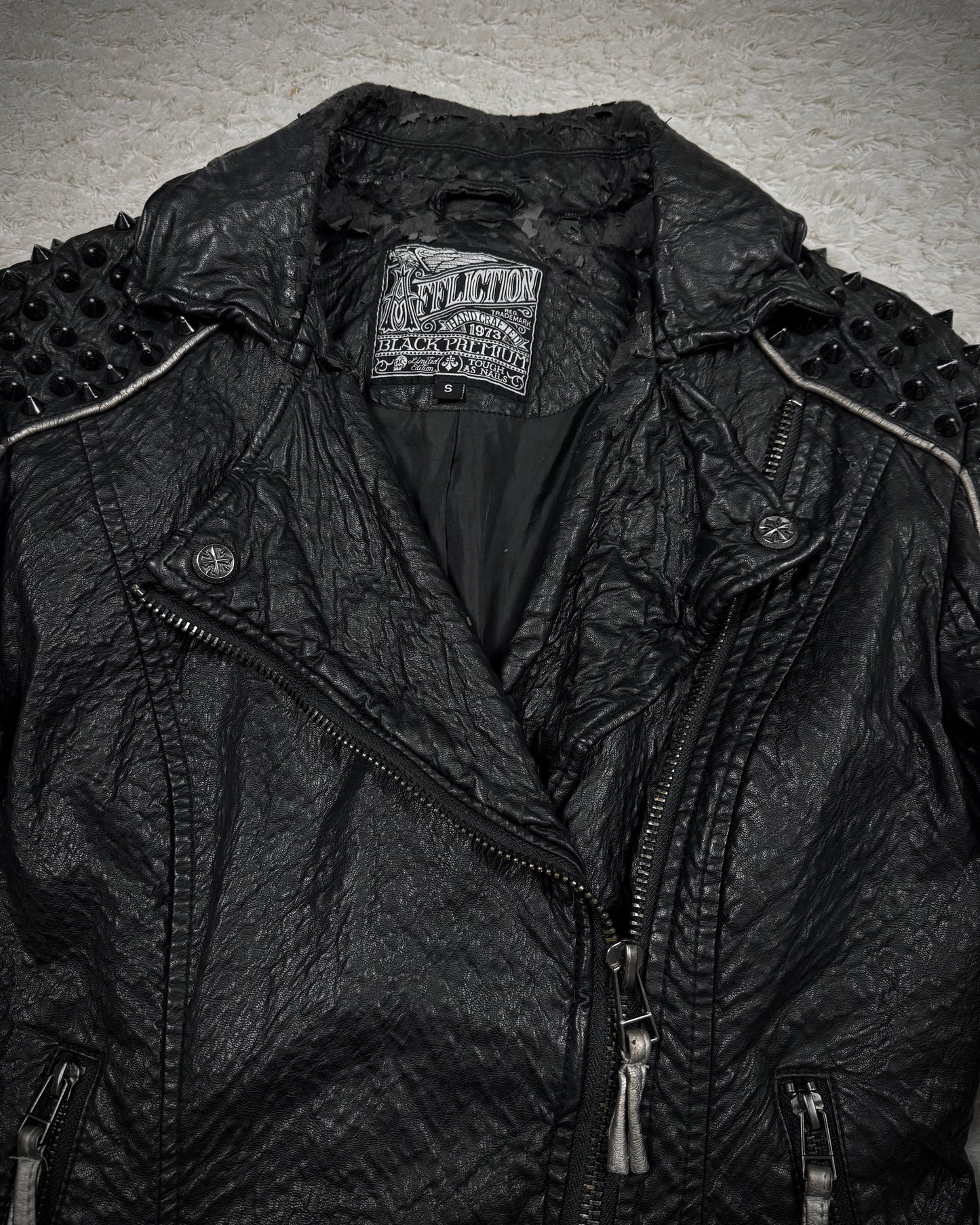 Affliction Spike Studded Metal Badge Leather Jacket