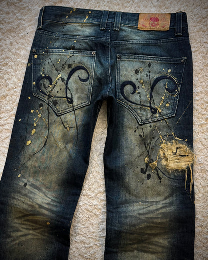Lagust Mud Washed Gold Splatter Distressed Bootcut Denim