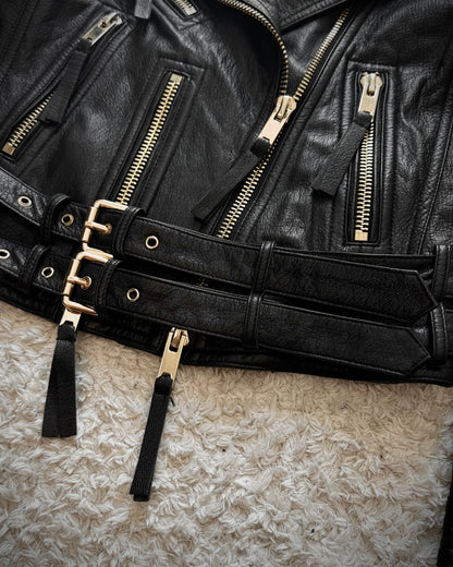 Jeffteli Leopard Fur Collar Leather Biker Jacket