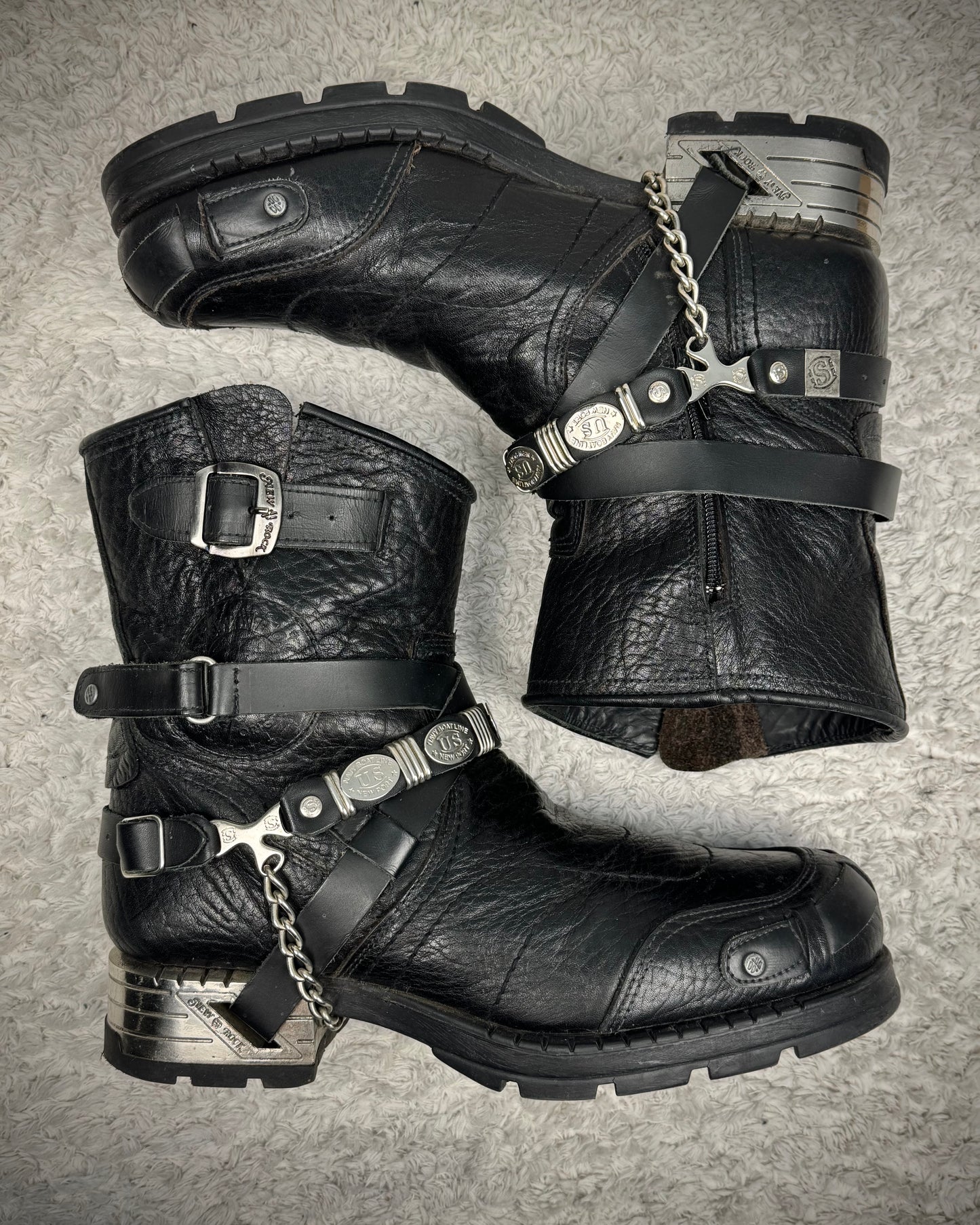 New Rock Chained Belted Steel Heel Leather Boots