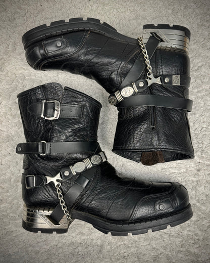 New Rock Chained Belted Steel Heel Leather Boots