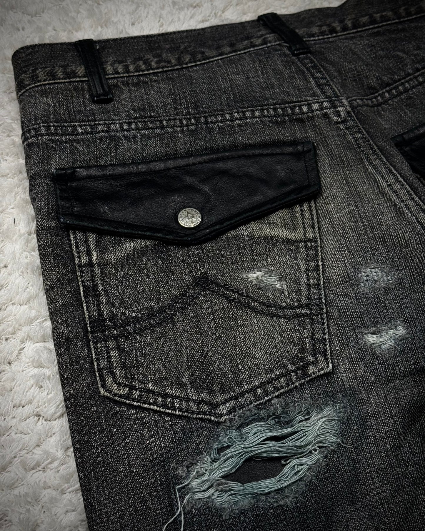 Back Bone Leather Repaired Flared Jeans