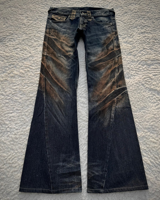 Tornado Mart Python Detailed Mud Claw Marks Washed Flared Jeans