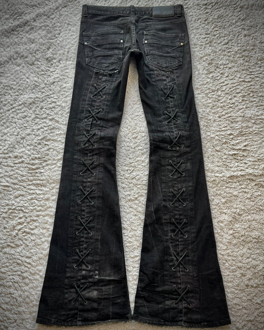 Tornado Mart Backlace Whisker Washed Flared Jeans