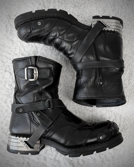 New Rock Steel Heel Belted Leather Boots