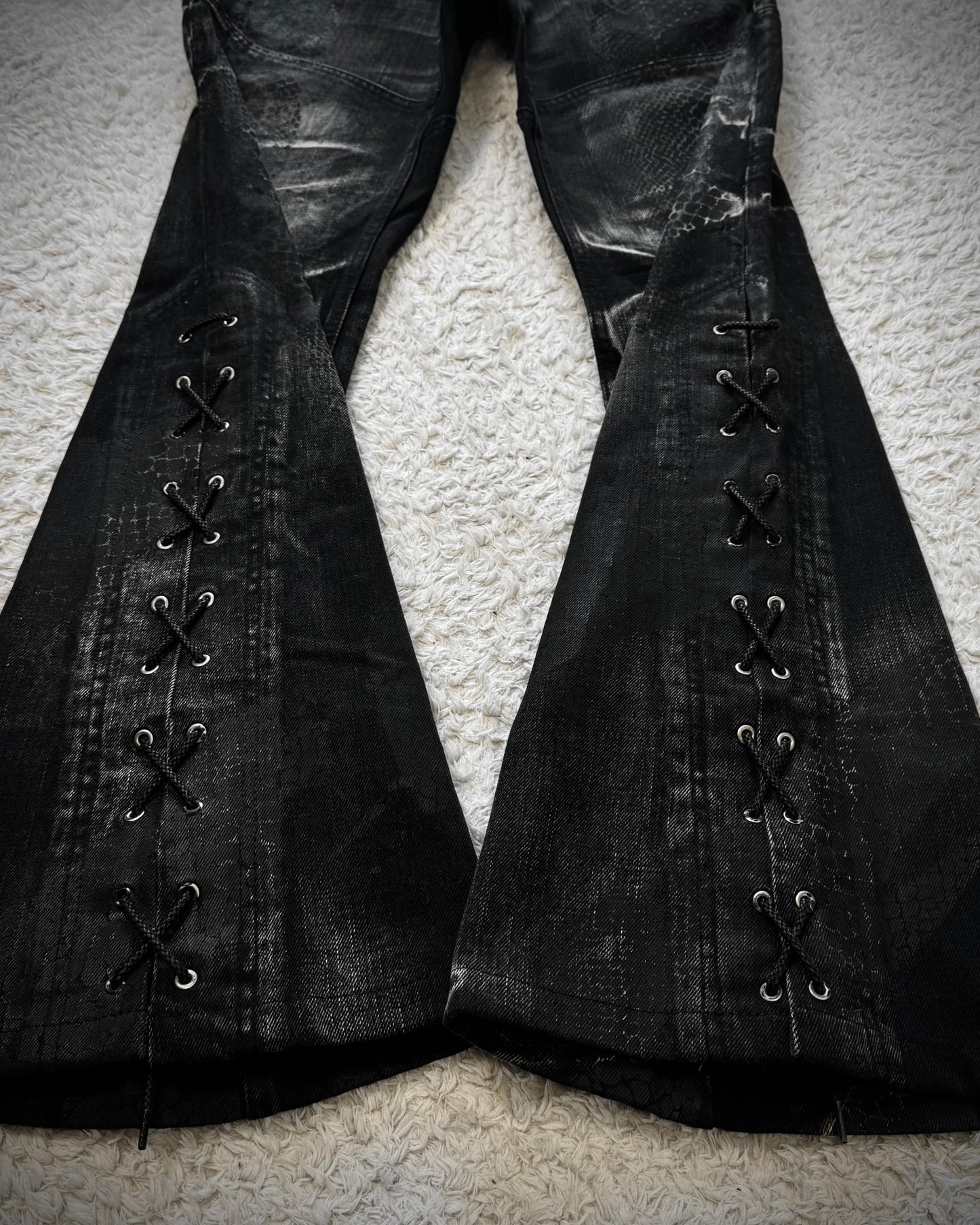 Tornado Mart Python Coated Lace Up Flared Jeans