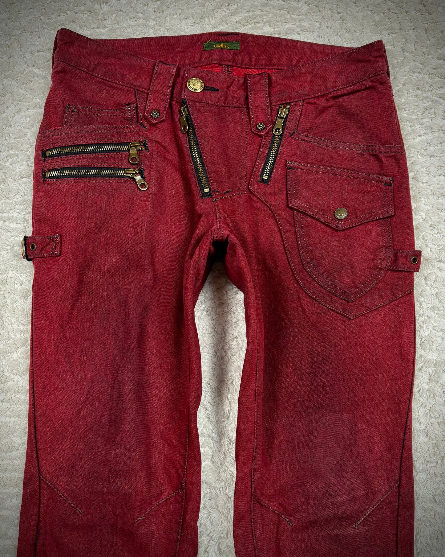 Obelisk Crimson Multi-Zip Bootcut Biker Jeans