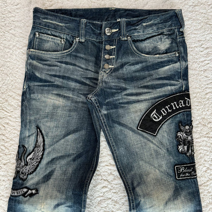 Tornado Mart Patch Embroideries Flared Jeans