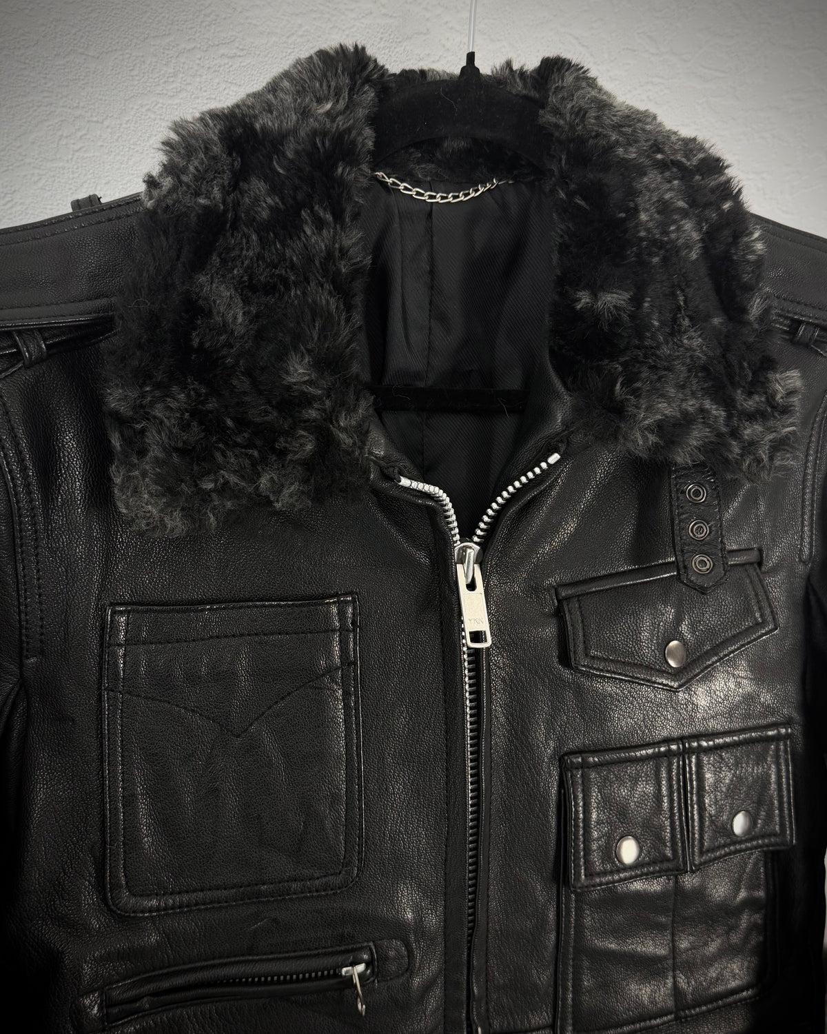 Abahouse Multi Pocket Fur Leather Jacket