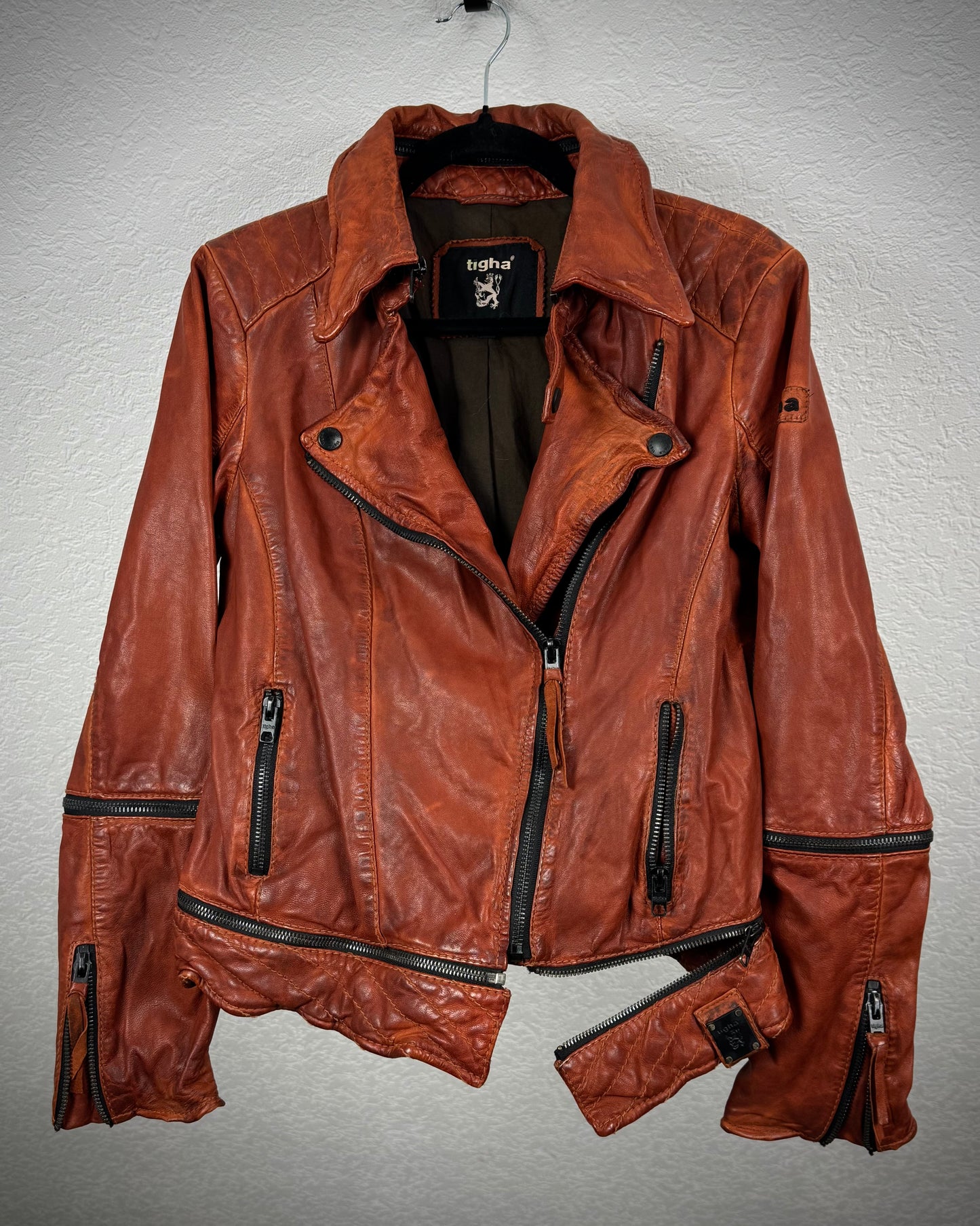 Tigha Rusty Red Transformable Leather Biker Jacket