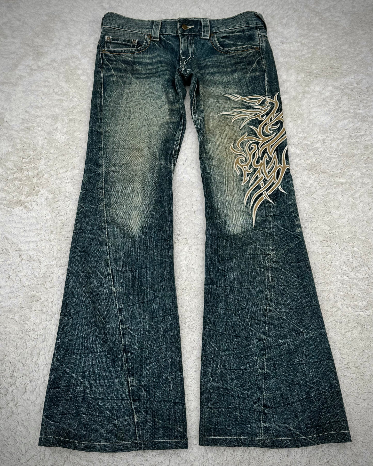 Tornado Mart Tribal Tattoo Embroidery Spiral Flared Jeans