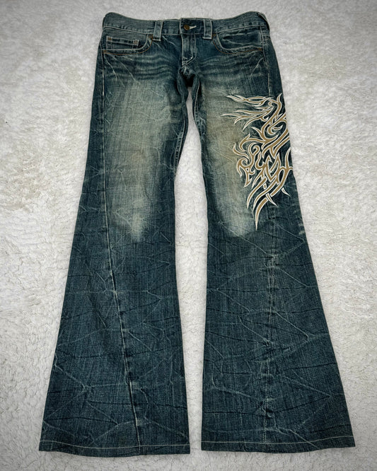 Tornado Mart Tribal Tattoo Embroidery Spiral Flared Jeans